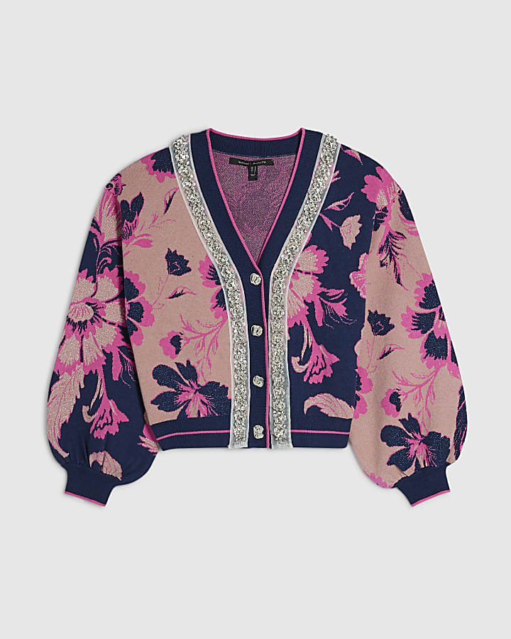 Navy Floral Embellished Knit Cardigan
