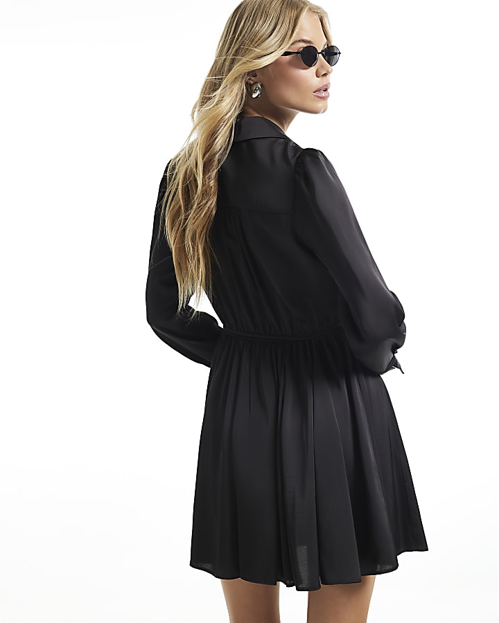 Black Satin Mini Shirt Dress