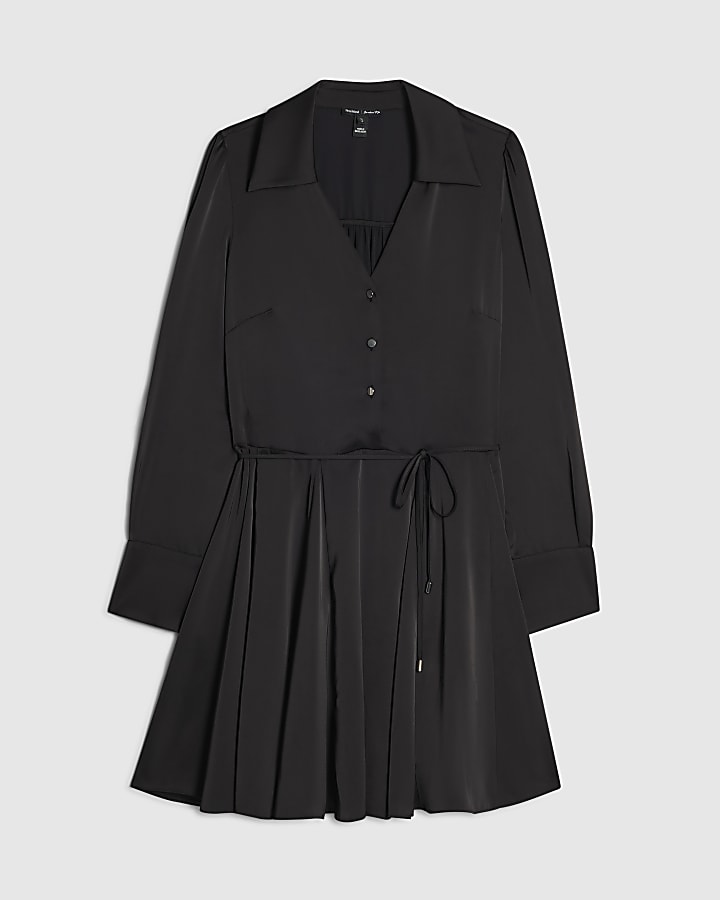 Black Satin Mini Shirt Dress