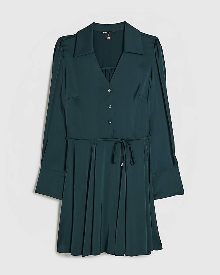 Green Satin Mini Shirt Dress