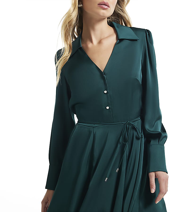 Green Satin Mini Shirt Dress
