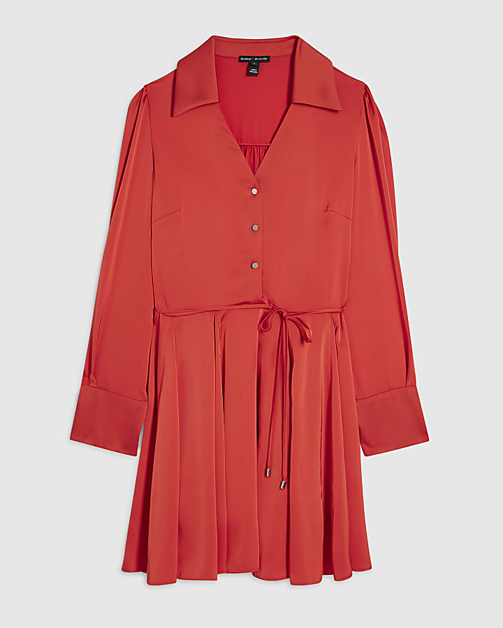 Red Satin Shirt Mini Dress