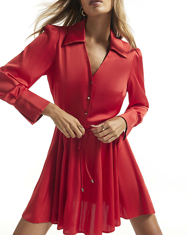 Red Satin Shirt Mini Dress