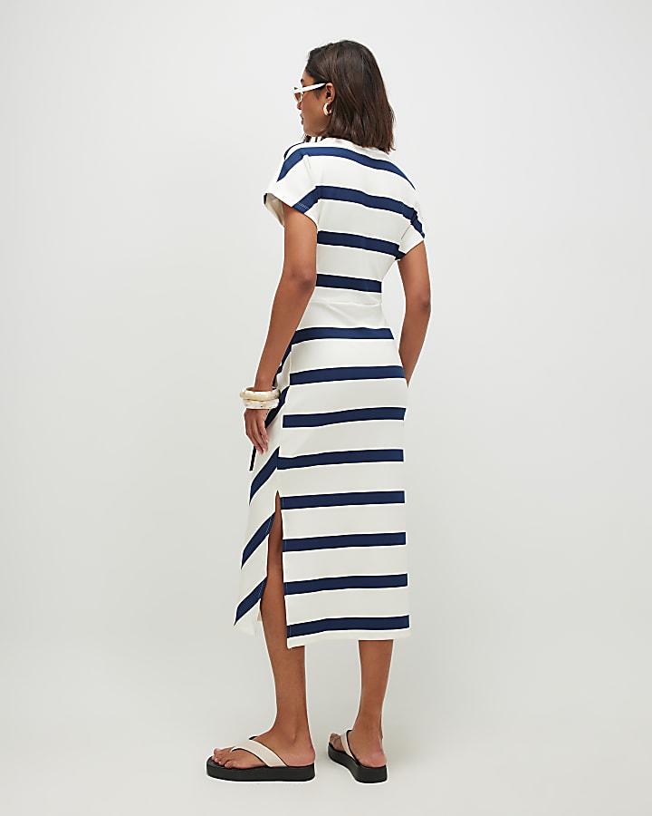 Cream Premium Stripe Tie Side Midi Dress