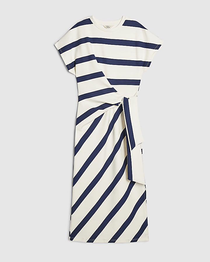 Cream Premium Stripe Tie Side Midi Dress