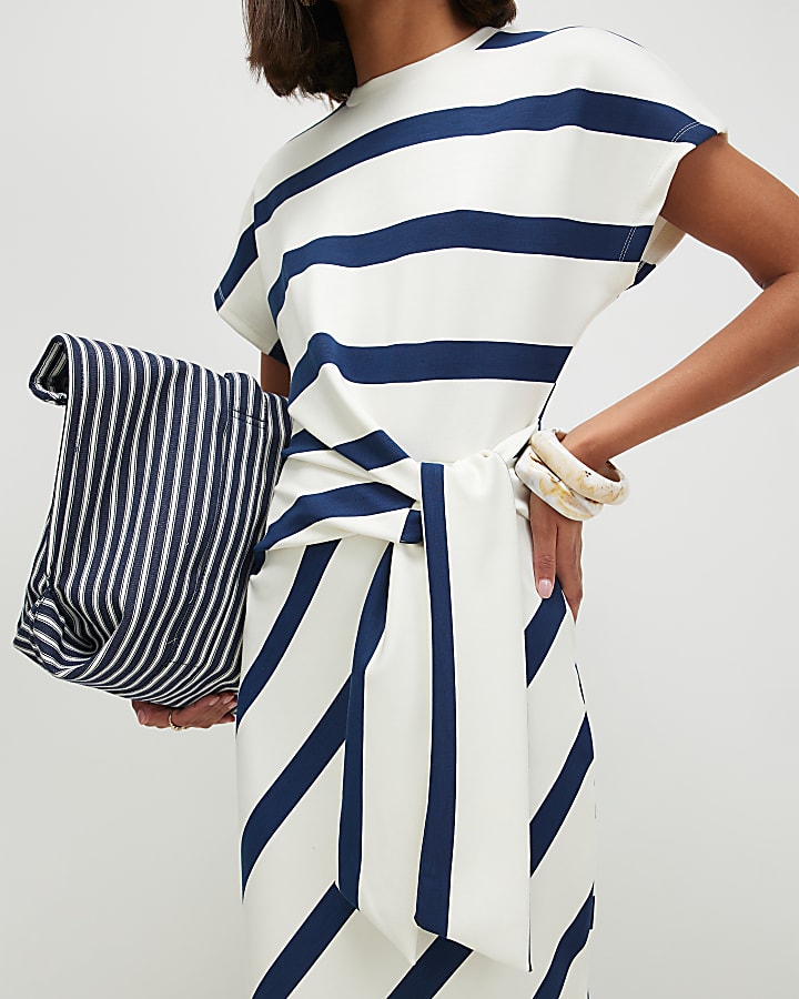 Cream Premium Stripe Tie Side Midi Dress