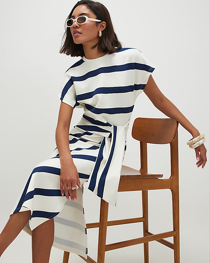 Cream Premium Stripe Tie Side Midi Dress