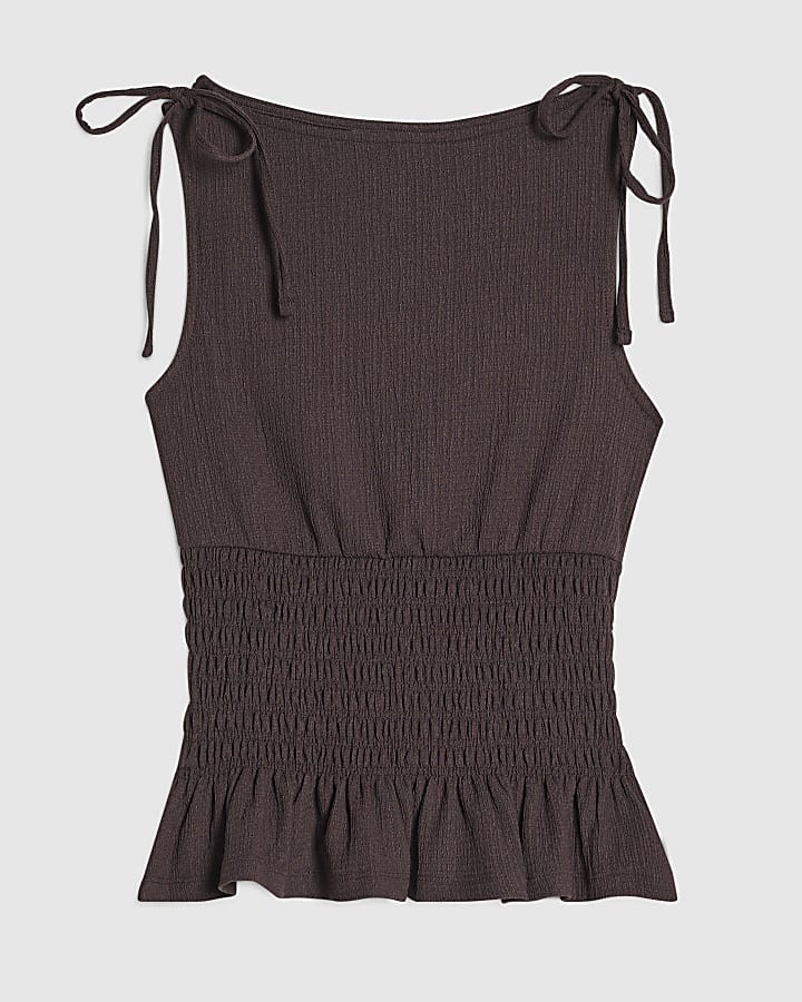 Brown Sleeveless Tie Shoulder Shirred Top