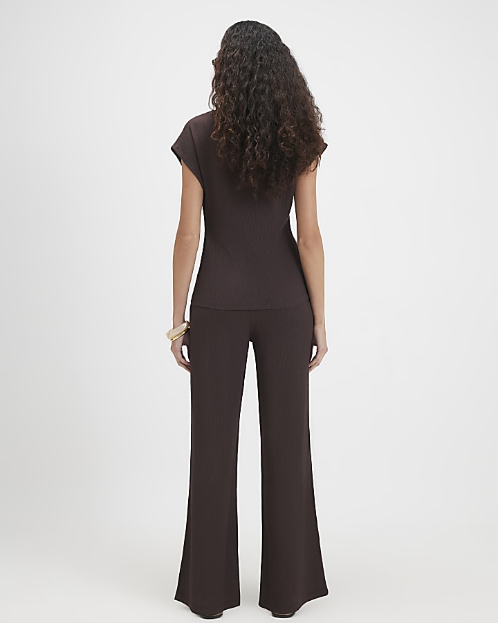 Brown Textured Wide Leg Trousers