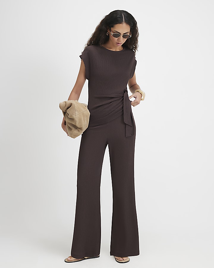 Brown Textured Wide Leg Trousers