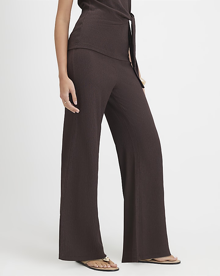 Brown Textured Wide Leg Trousers