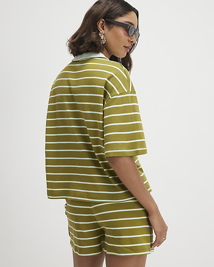 Green Cotton Short Sleeve Stripe Polo Top