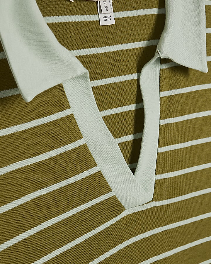 Green Cotton Short Sleeve Stripe Polo Top