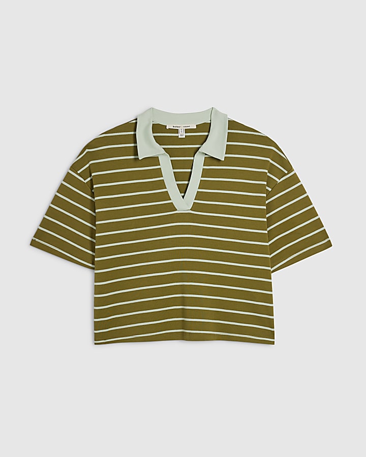 Green Cotton Short Sleeve Stripe Polo Top