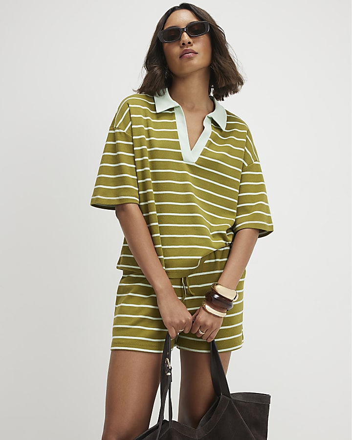 Green Cotton Short Sleeve Stripe Polo Top