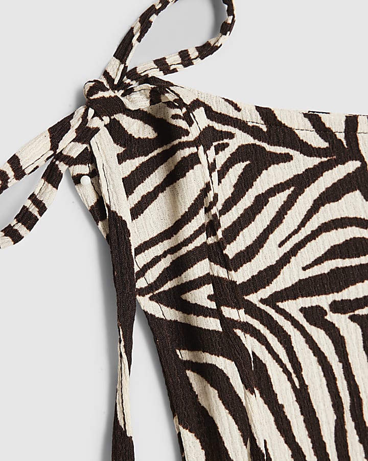 Brown Zebra Print Sleeveless Shirred Top