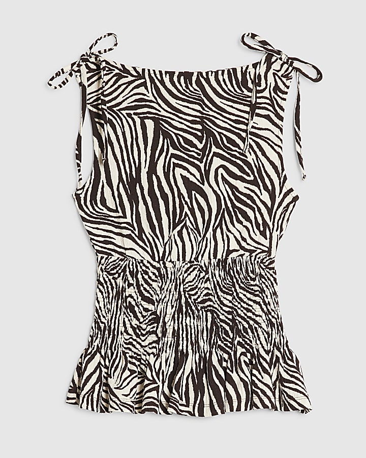 Brown Zebra Print Sleeveless Shirred Top