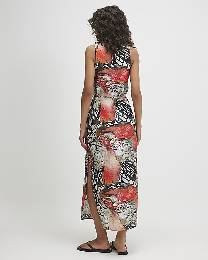 Cream Printed Slip Midi Dress