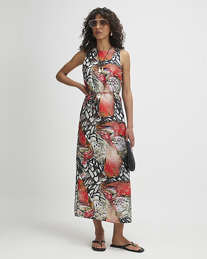 Cream Printed Slip Midi Dress