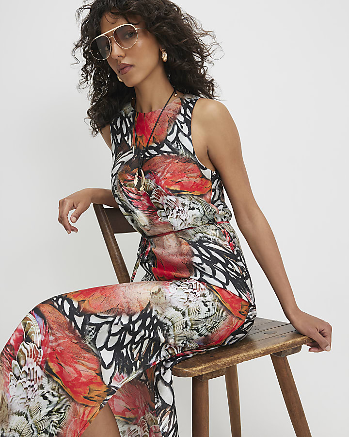 Cream Printed Slip Midi Dress