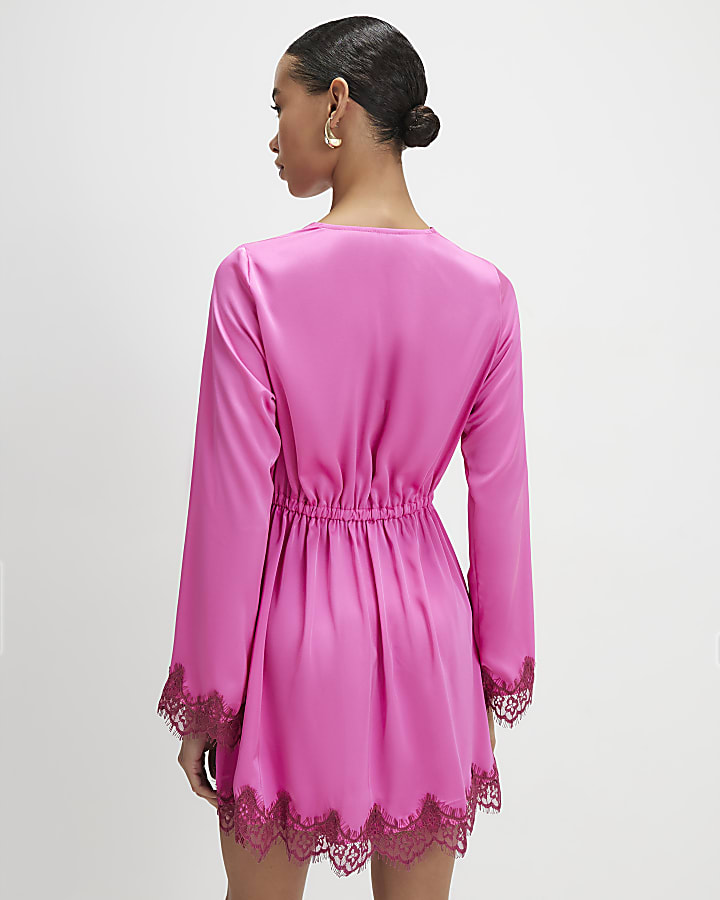 Pink Satin Tie Front Lace Trim Mini Dress