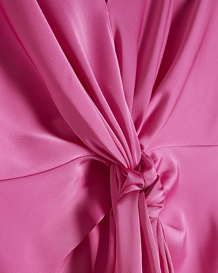Pink Satin Tie Front Lace Trim Mini Dress