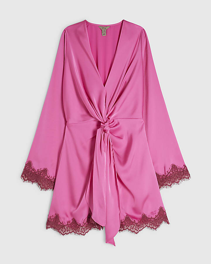 Pink Satin Tie Front Lace Trim Mini Dress