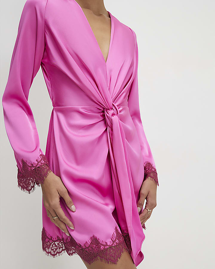 Pink Satin Tie Front Lace Trim Mini Dress