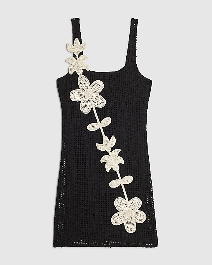 Black Crochet Flower Mini Dress