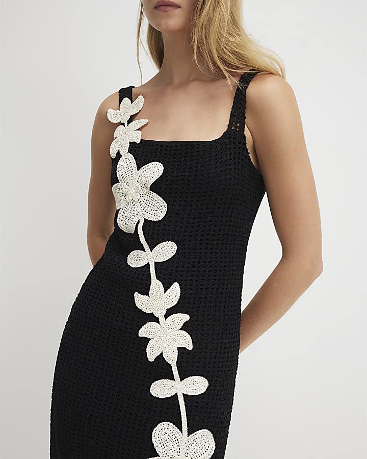 Black Crochet Flower Mini Dress