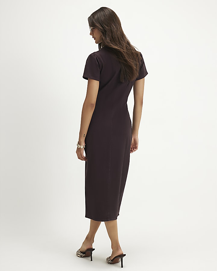 Brown Button Up Cap Sleeve Denim Midi Dress