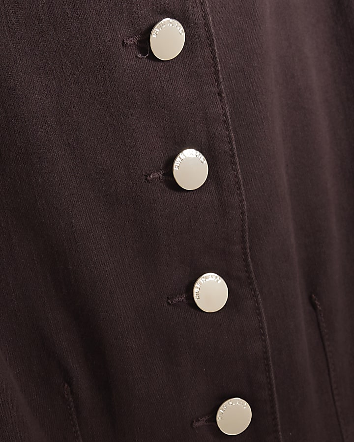 Brown Button Up Cap Sleeve Denim Midi Dress