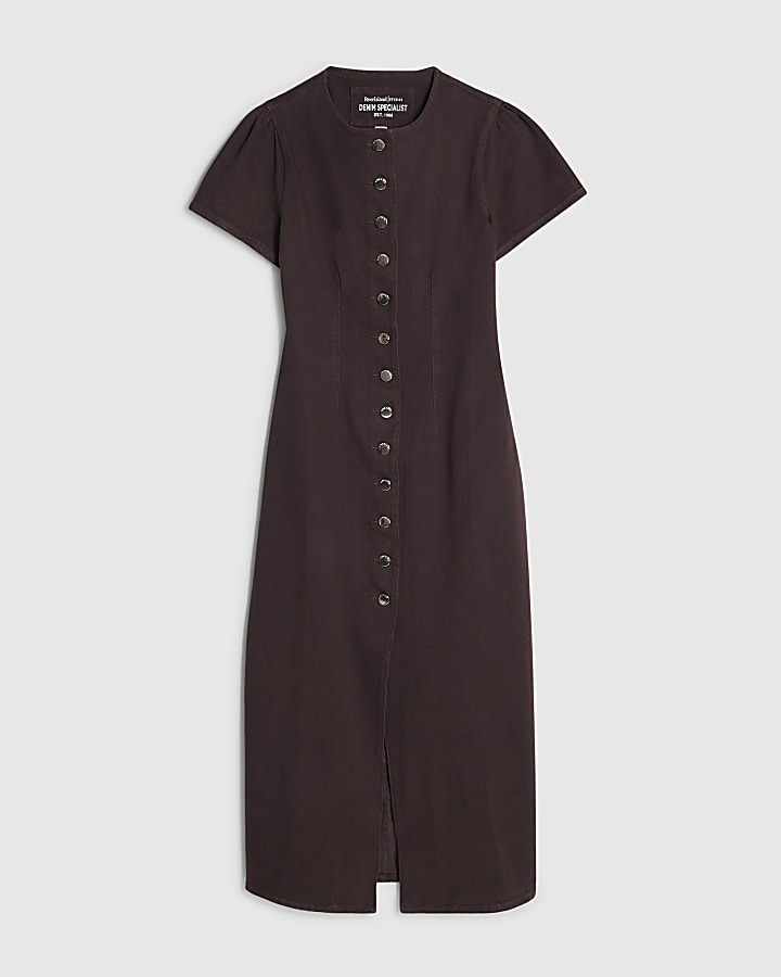 Brown Button Up Cap Sleeve Denim Midi Dress