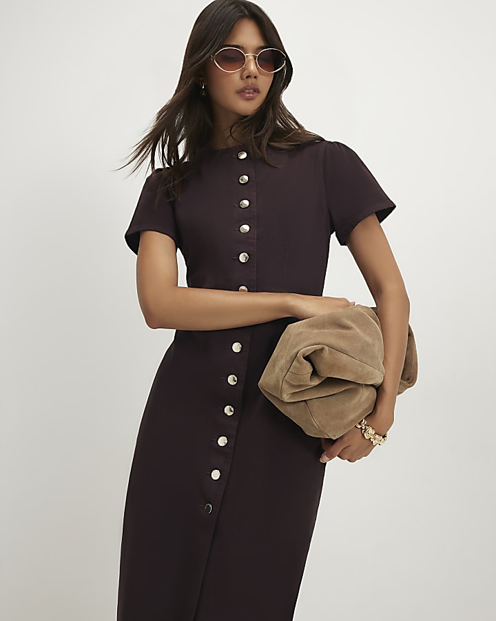 Brown Button Up Cap Sleeve Denim Midi Dress