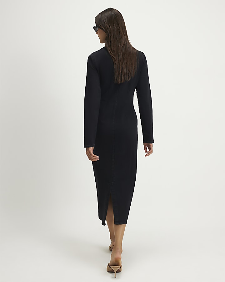 Black Zip Through Denim Midi Dress