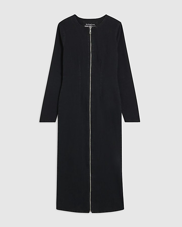 Black Zip Through Denim Midi Dress