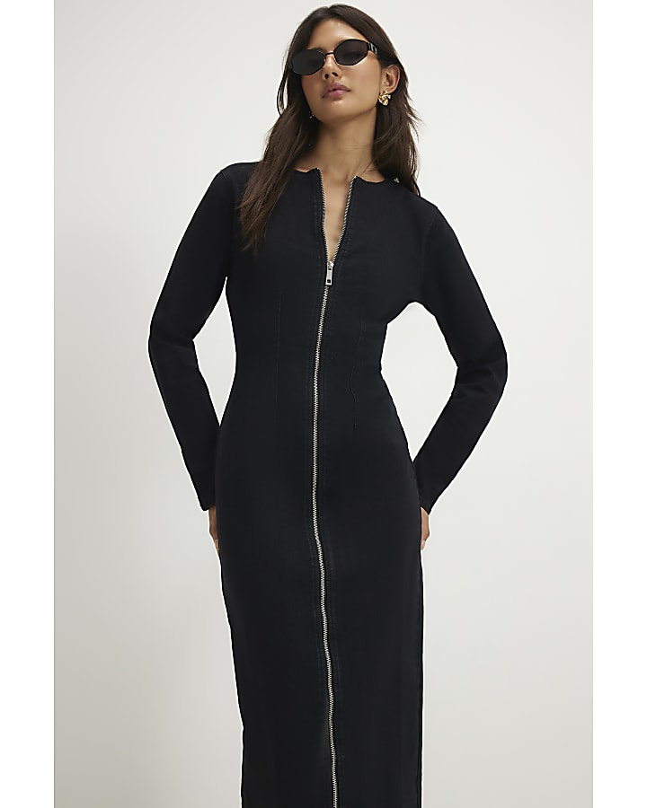 Black Zip Through Denim Midi Dress