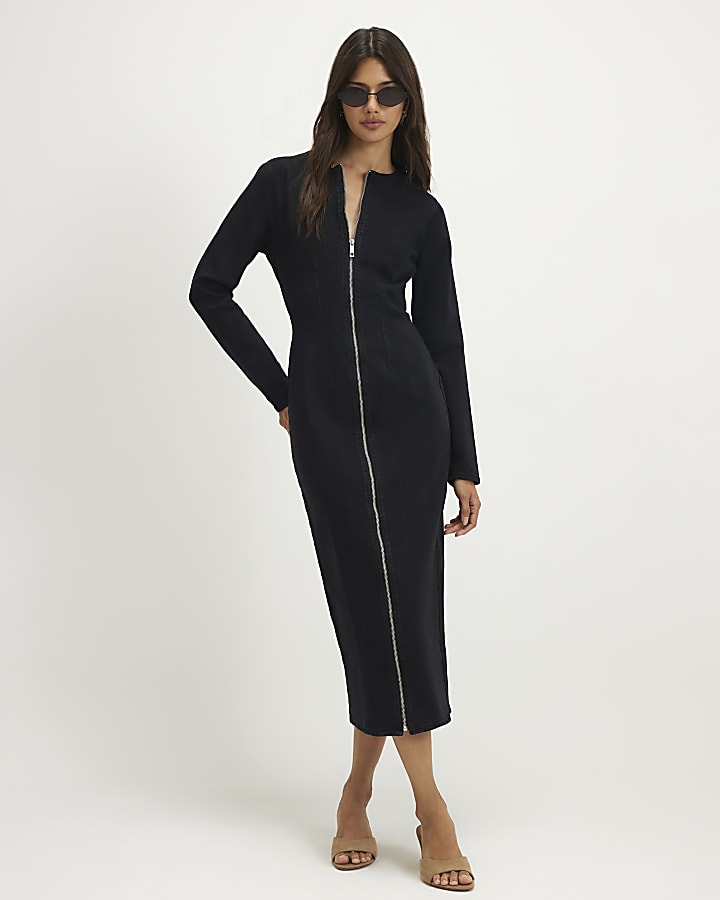 Black Zip Through Denim Midi Dress