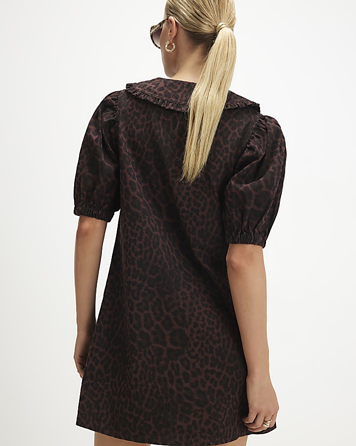 Brown Denim Leopard Print Shirt Dress
