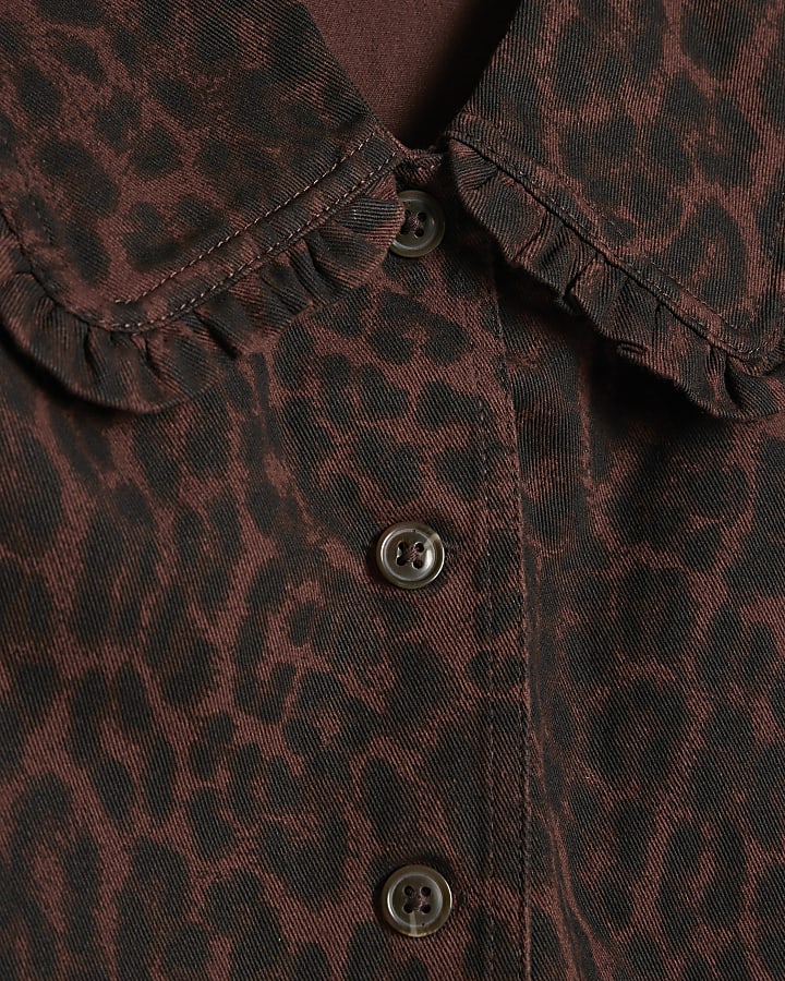 Brown Denim Leopard Print Shirt Dress