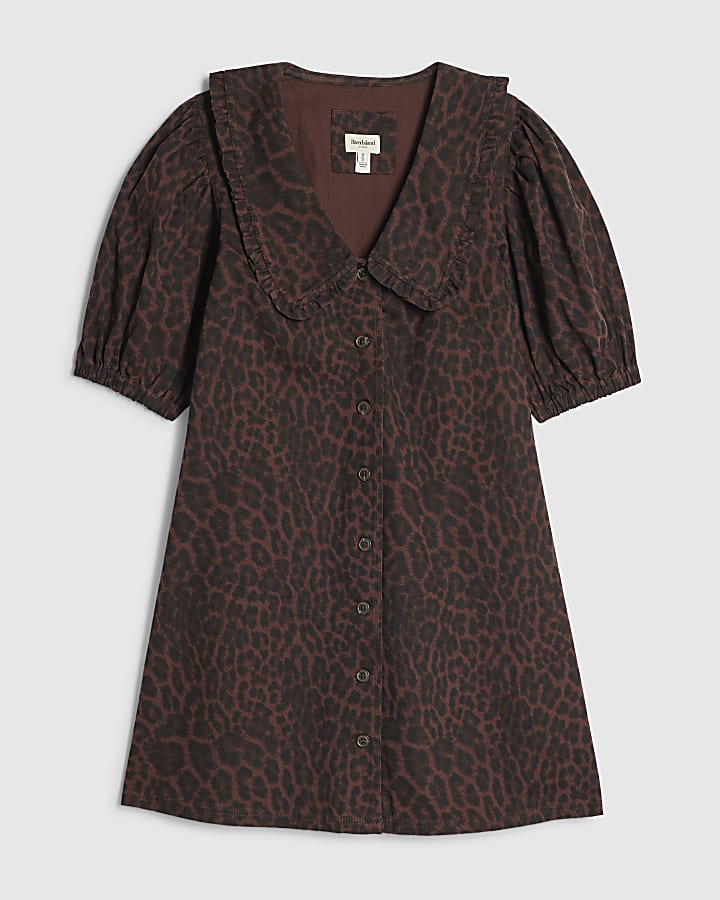 Brown Denim Leopard Print Shirt Dress