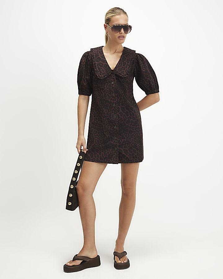 Brown Denim Leopard Print Shirt Dress