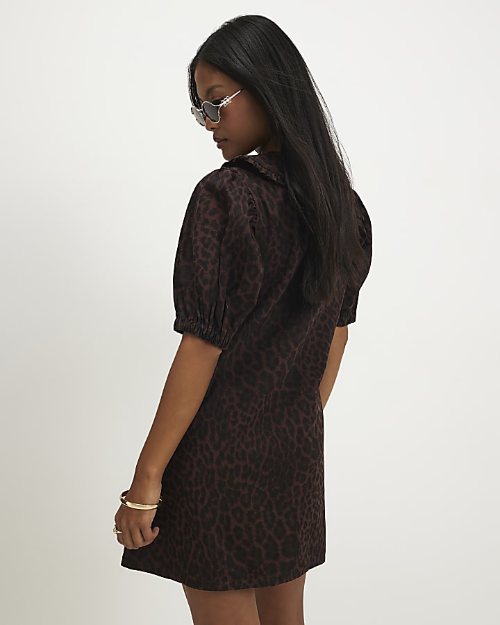 Petite Brown Denim Leopard Print Shirt Dress