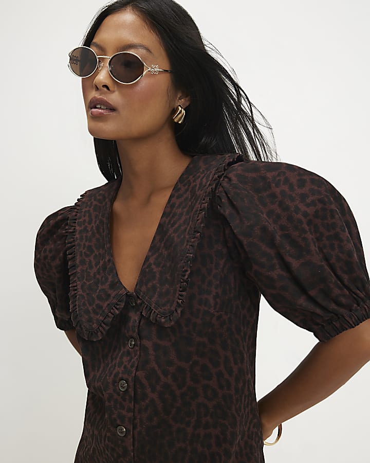 Petite Brown Denim Leopard Print Shirt Dress