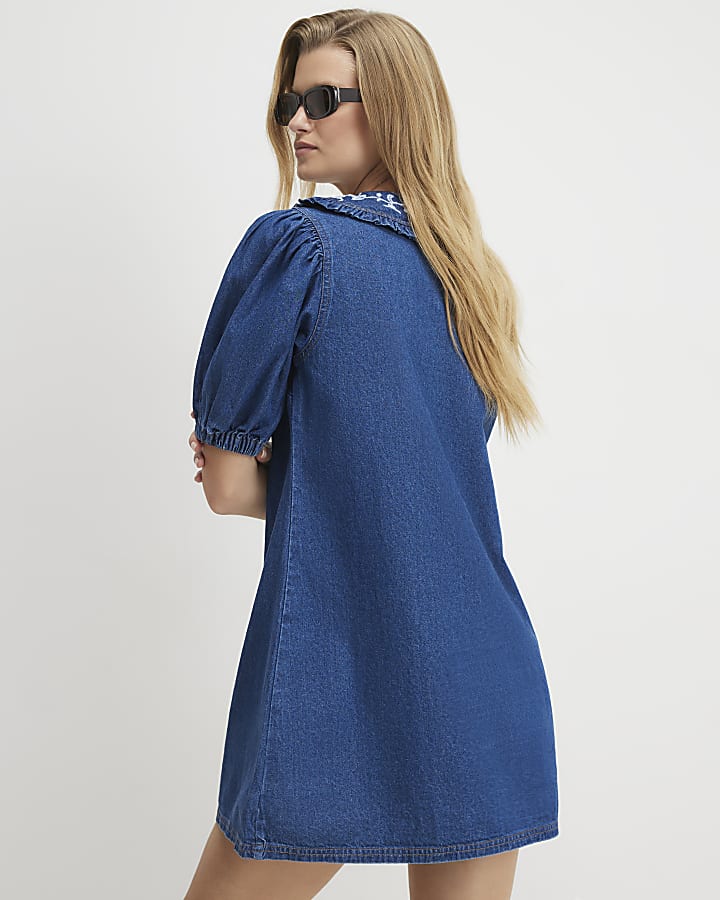 Blue Denim Collared Shirt Dress
