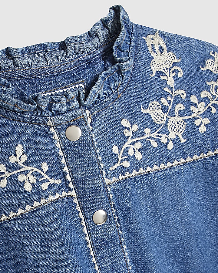 Blue Embroidered Denim Swing Belted Dress