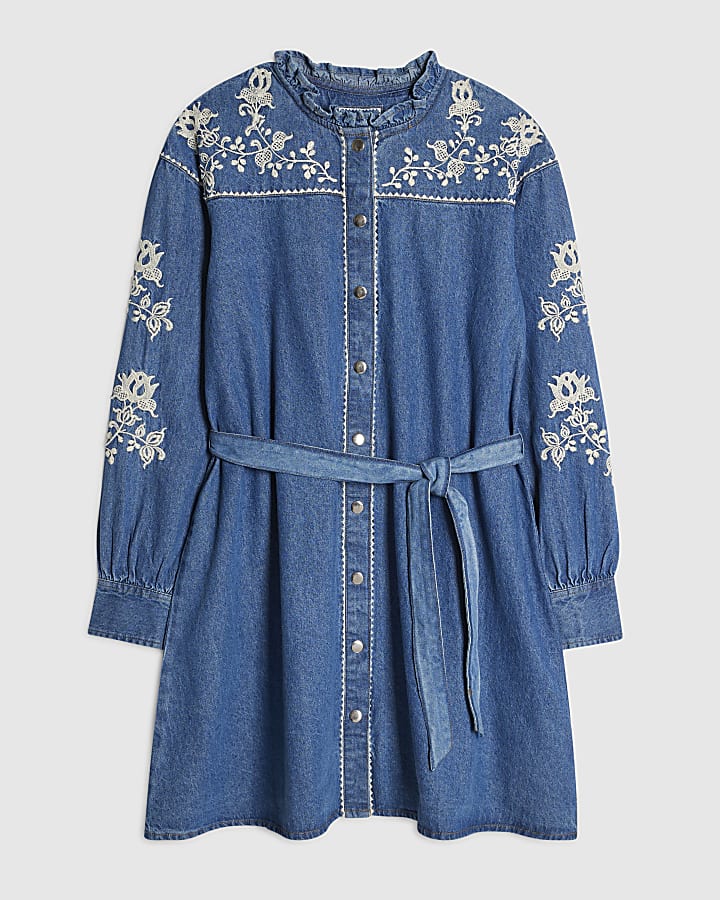 Blue Embroidered Denim Swing Belted Dress