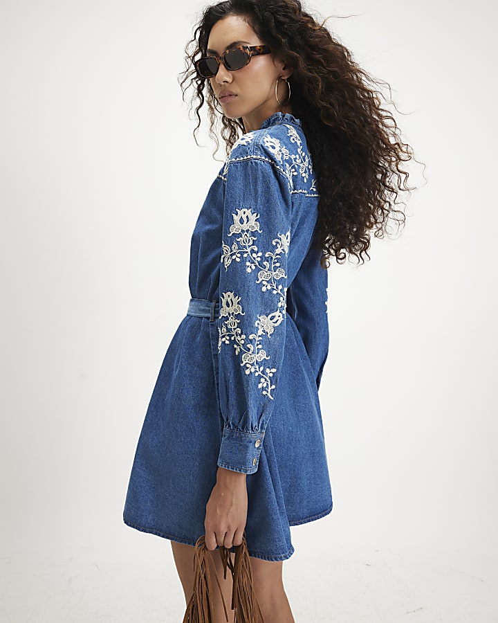 Blue Embroidered Denim Swing Belted Dress