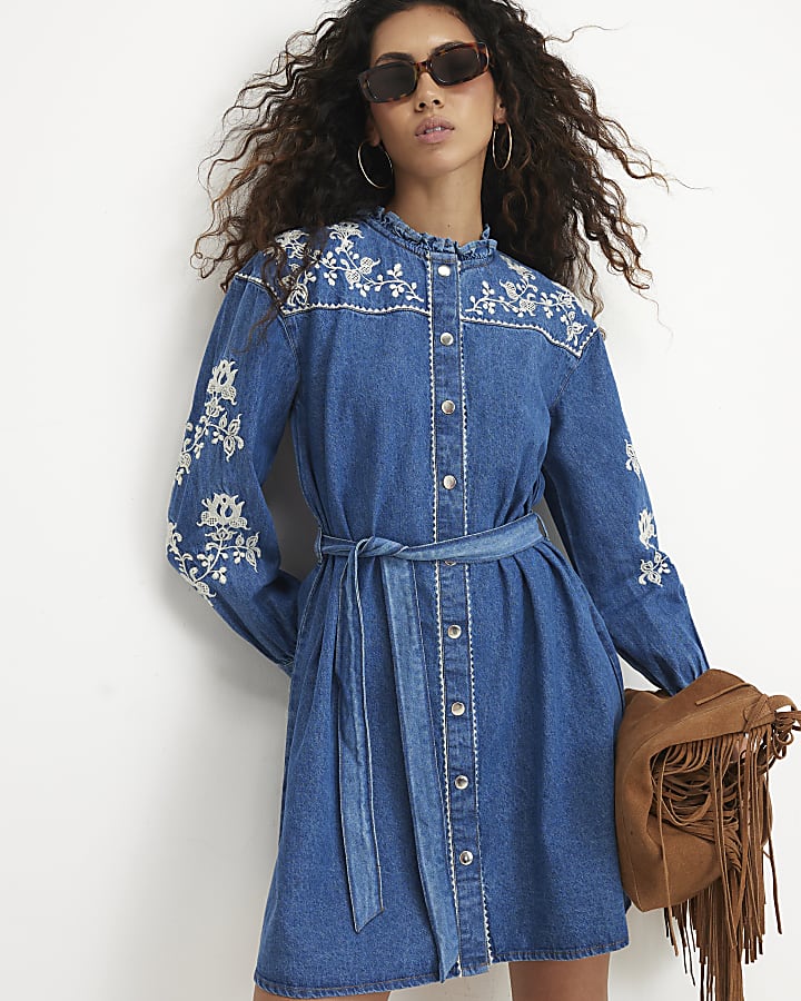 Blue Embroidered Denim Swing Belted Dress