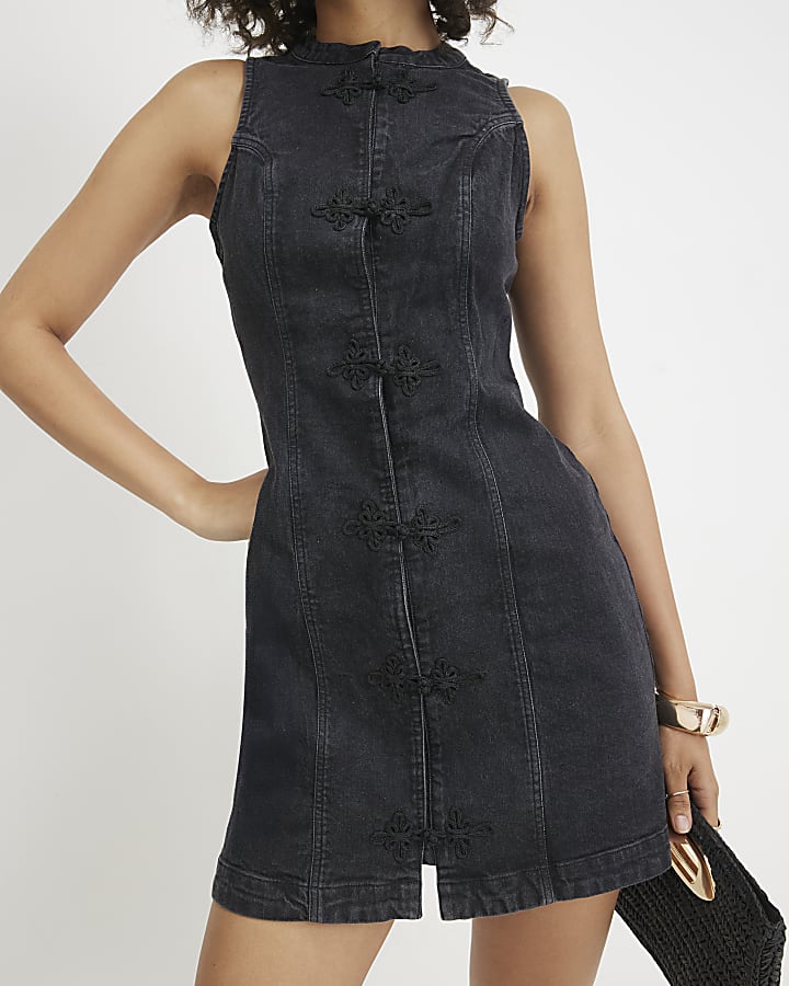 Black Denim Sleeveless Drummer Mini Dress